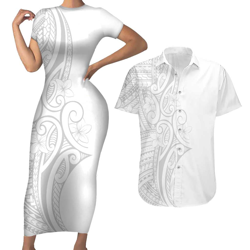 Polynesia White Sunday Couples Matching Short Sleeve Bodycon Dress and Hawaiian Shirt Plumeria Polynesian Tribal Grey Color LT14 White - Polynesian Pride