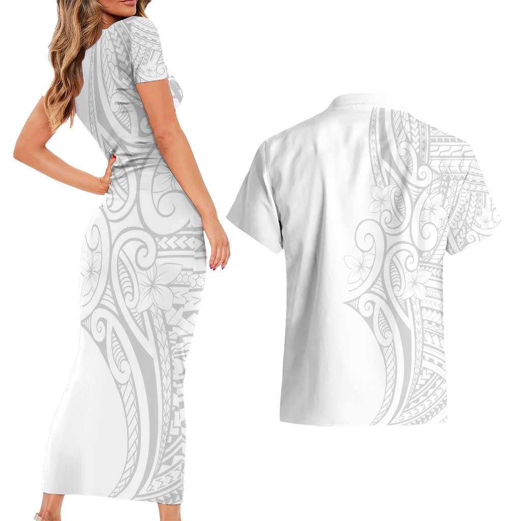 Polynesia White Sunday Couples Matching Short Sleeve Bodycon Dress and Hawaiian Shirt Plumeria Polynesian Tribal Grey Color LT14 - Polynesian Pride