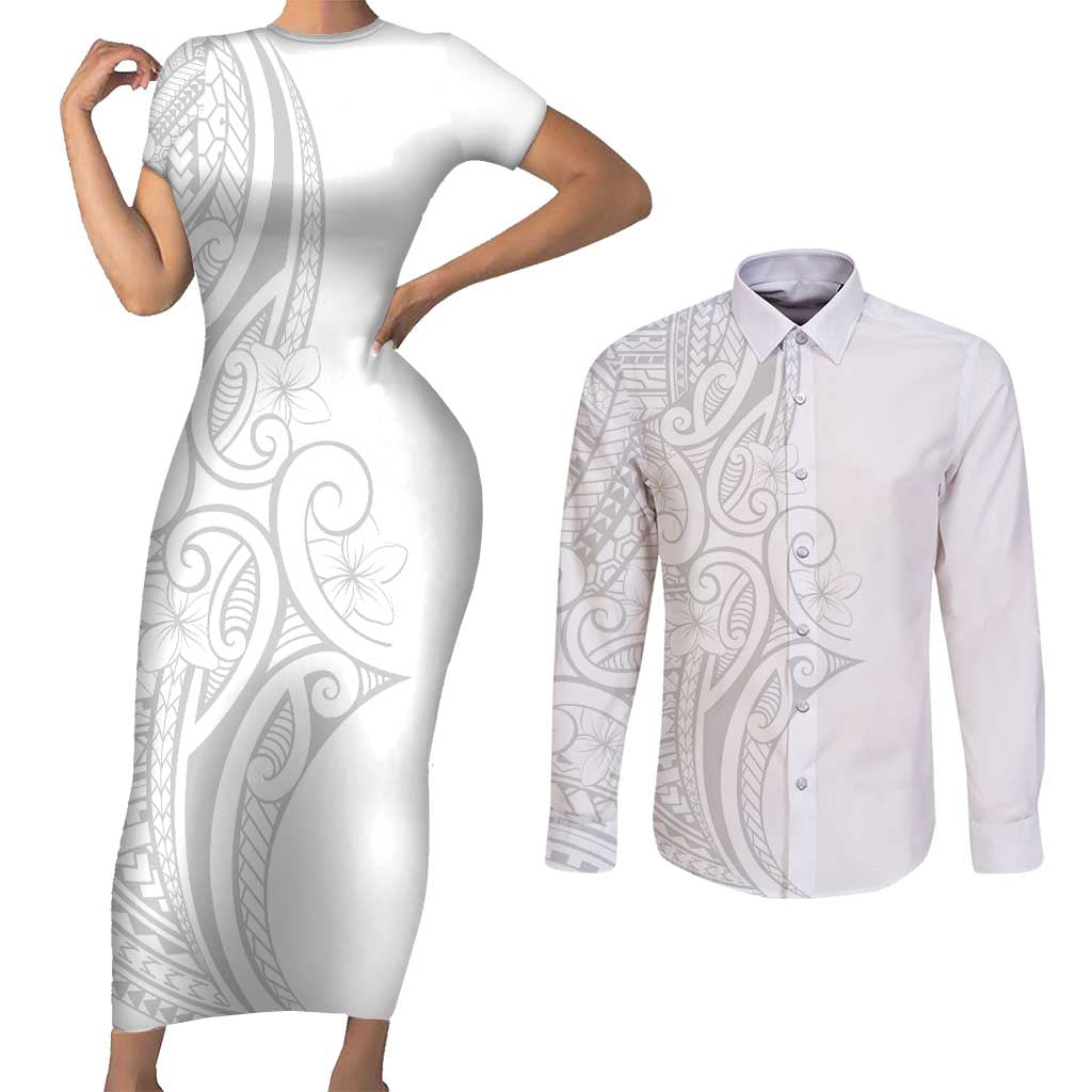 Polynesia White Sunday Couples Matching Short Sleeve Bodycon Dress and Long Sleeve Button Shirt Plumeria Polynesian Tribal Grey Color LT14 White - Polynesian Pride