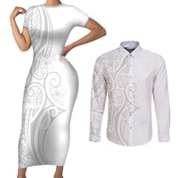 Polynesia White Sunday Couples Matching Short Sleeve Bodycon Dress and Long Sleeve Button Shirt Plumeria Polynesian Tribal Grey Color LT14 White - Polynesian Pride