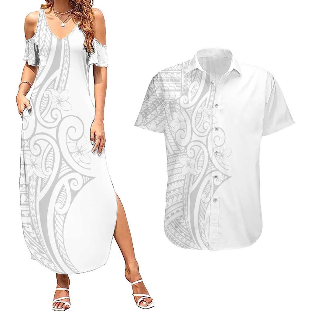 Polynesia White Sunday Couples Matching Summer Maxi Dress and Hawaiian Shirt Plumeria Polynesian Tribal Grey Color LT14 White - Polynesian Pride