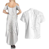 Polynesia White Sunday Couples Matching Summer Maxi Dress and Hawaiian Shirt Plumeria Polynesian Tribal Grey Color LT14 - Polynesian Pride