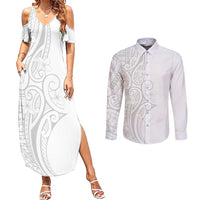 Polynesia White Sunday Couples Matching Summer Maxi Dress and Long Sleeve Button Shirt Plumeria Polynesian Tribal Grey Color LT14 White - Polynesian Pride
