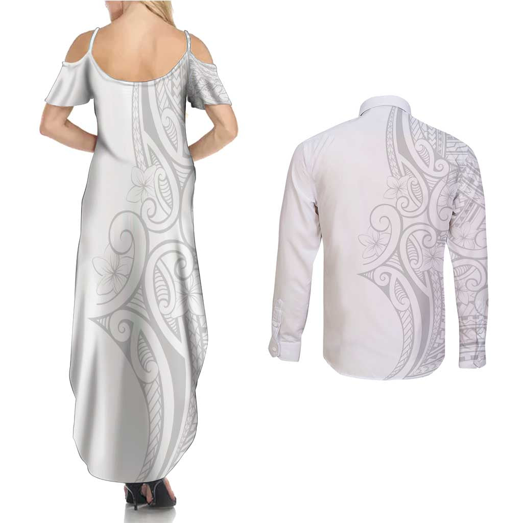 Polynesia White Sunday Couples Matching Summer Maxi Dress and Long Sleeve Button Shirt Plumeria Polynesian Tribal Grey Color LT14 - Polynesian Pride