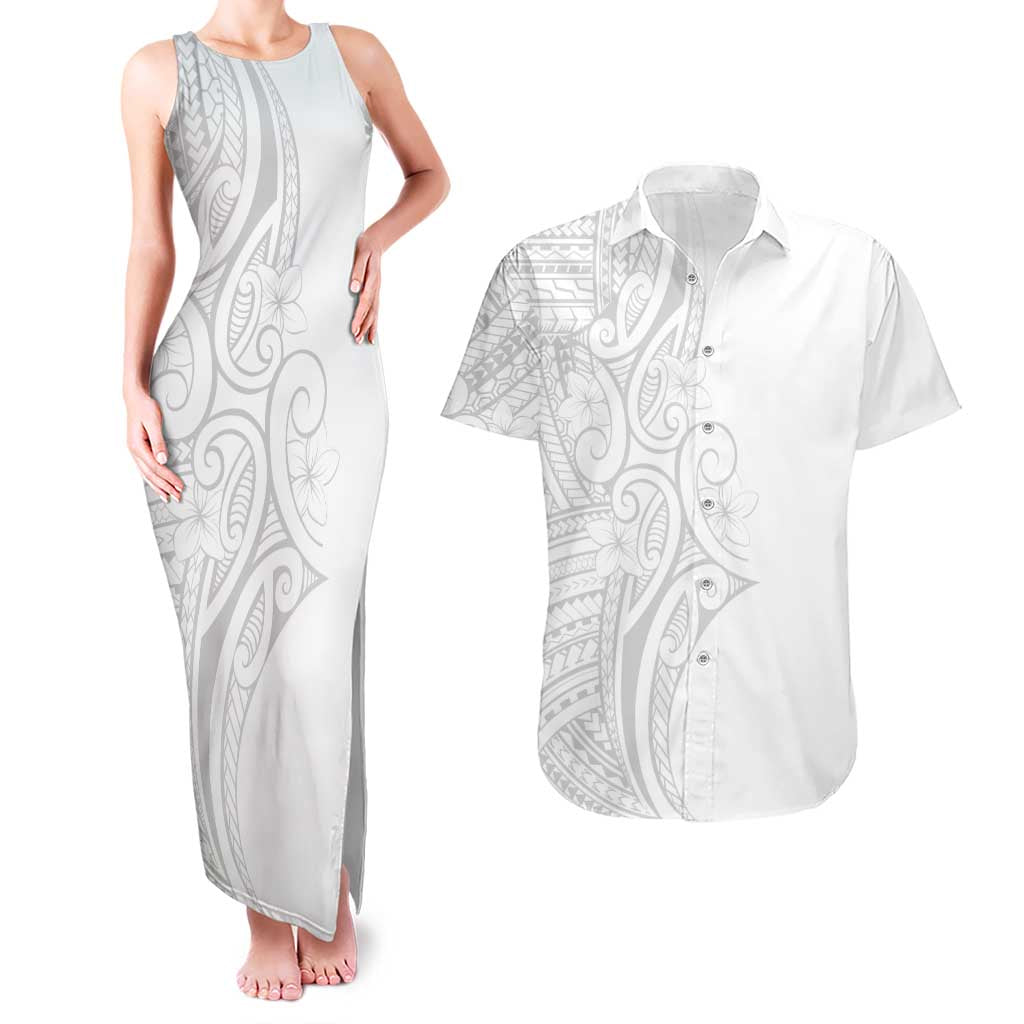 Polynesia White Sunday Couples Matching Tank Maxi Dress and Hawaiian Shirt Plumeria Polynesian Tribal Grey Color LT14 White - Polynesian Pride
