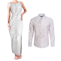 Polynesia White Sunday Couples Matching Tank Maxi Dress and Long Sleeve Button Shirt Plumeria Polynesian Tribal Grey Color LT14 White - Polynesian Pride