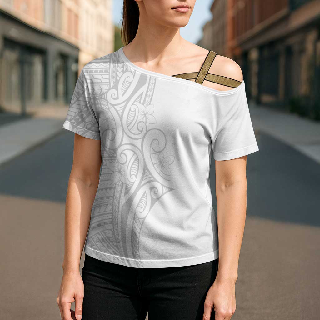 Polynesia White Sunday Cross Shoulder Shirt Plumeria Polynesian Tribal Grey Color - Polynesian Pride