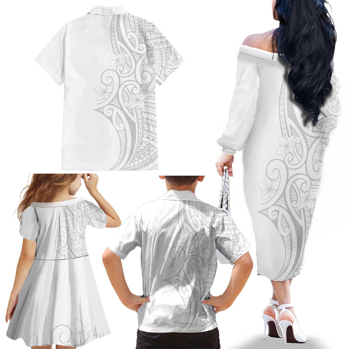 Polynesia White Sunday Family Matching Off The Shoulder Long Sleeve Dress and Hawaiian Shirt Plumeria Polynesian Tribal Grey Color LT14 - Polynesian Pride