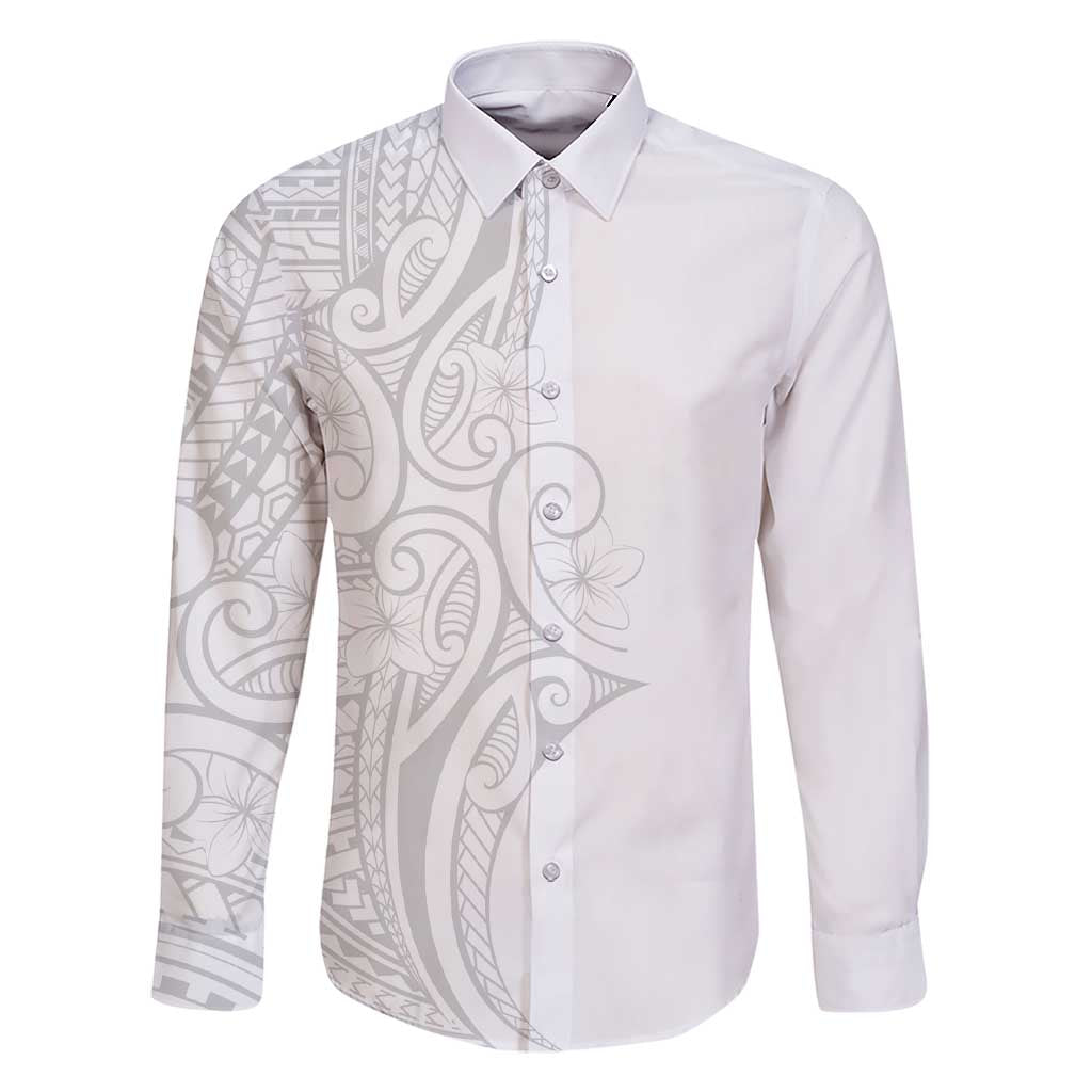 Polynesia White Sunday Family Matching Short Sleeve Bodycon Dress and Hawaiian Shirt Plumeria Polynesian Tribal Grey Color LT14 Dad's Shirt - Long Sleeve White - Polynesian Pride