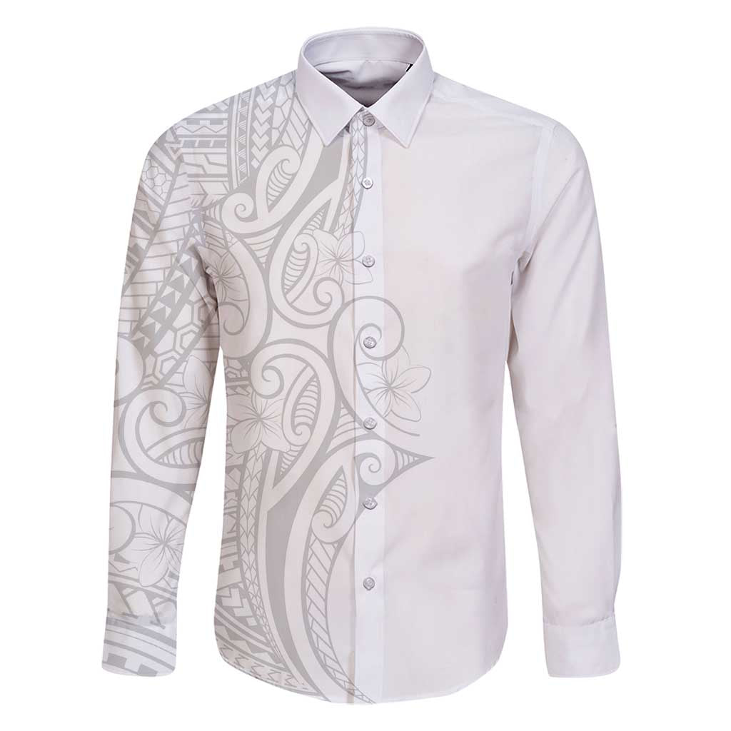 Polynesia White Sunday Family Matching Summer Maxi Dress and Hawaiian Shirt Plumeria Polynesian Tribal Grey Color LT14 Dad's Shirt - Long Sleeve White - Polynesian Pride