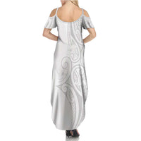 Polynesia White Sunday Family Matching Summer Maxi Dress and Hawaiian Shirt Plumeria Polynesian Tribal Grey Color LT14 - Polynesian Pride