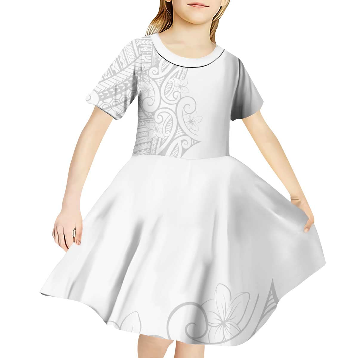 Polynesia White Sunday Kid Short Sleeve Dress Plumeria Polynesian Tribal Grey Color LT14 - Polynesian Pride