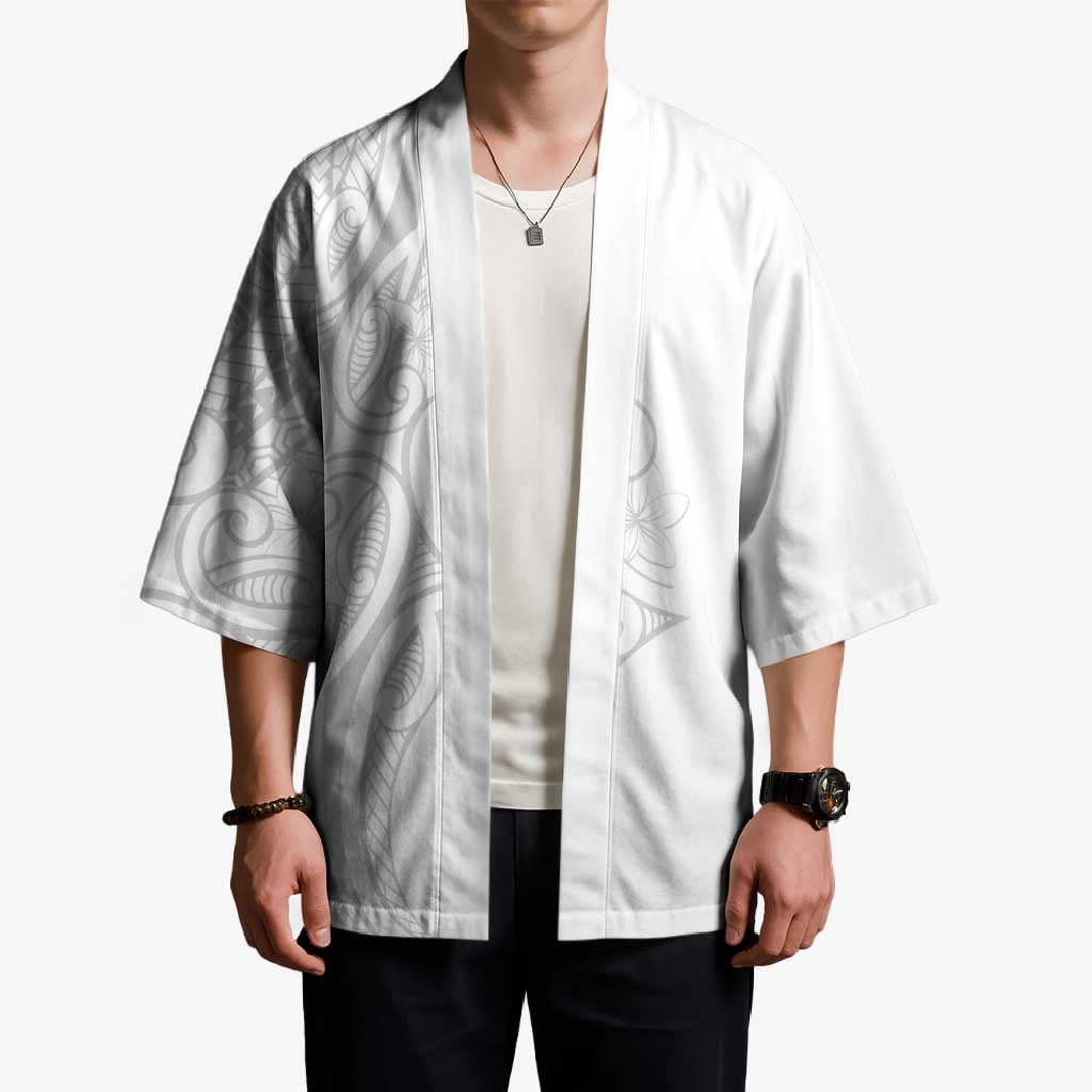 Polynesia White Sunday Kimono Plumeria Polynesian Tribal Grey Color - Polynesian Pride