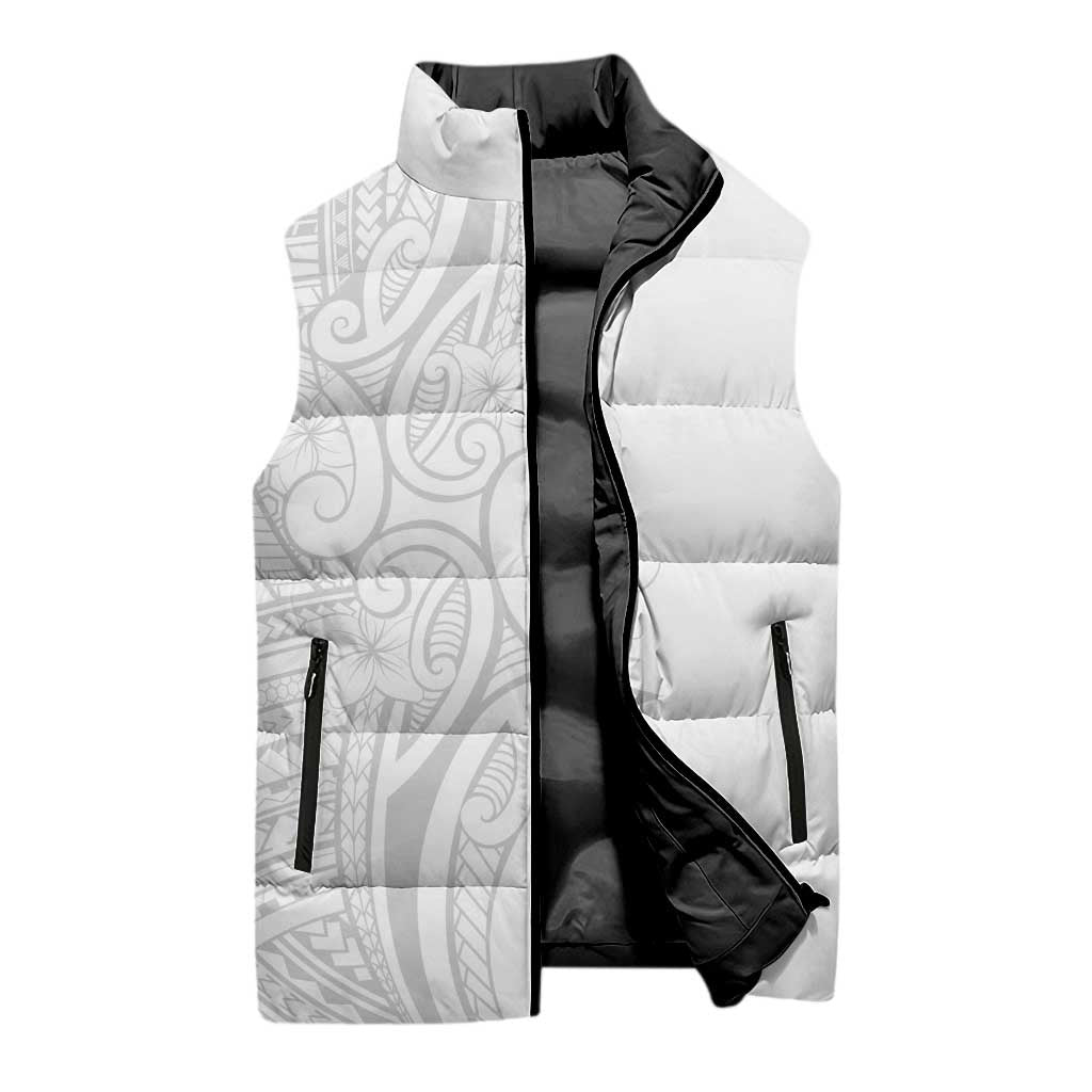 Polynesia White Sunday Sleeveless Puffer Jacket Plumeria Polynesian Tribal Grey Color - Polynesian Pride