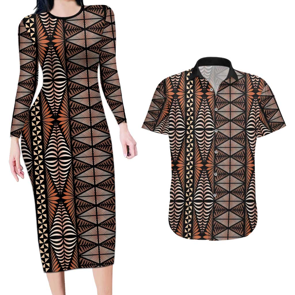 Malo e lelei Tonga Couples Matching Long Sleeve Bodycon Dress and Hawaiian Shirt Tongan Ngatu Vintage Brown LT14 Brown - Polynesian Pride