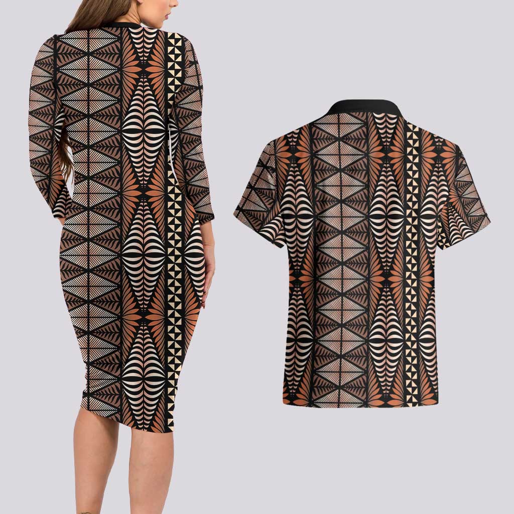 Malo e lelei Tonga Couples Matching Long Sleeve Bodycon Dress and Hawaiian Shirt Tongan Ngatu Vintage Brown LT14 - Polynesian Pride