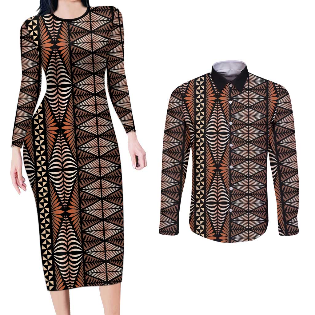 Malo e lelei Tonga Couples Matching Long Sleeve Bodycon Dress and Long Sleeve Button Shirt Tongan Ngatu Vintage Brown LT14 Brown - Polynesian Pride