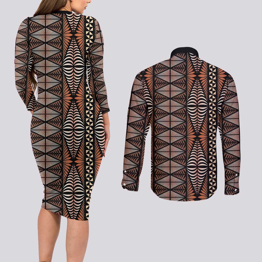 Malo e lelei Tonga Couples Matching Long Sleeve Bodycon Dress and Long Sleeve Button Shirt Tongan Ngatu Vintage Brown LT14 - Polynesian Pride