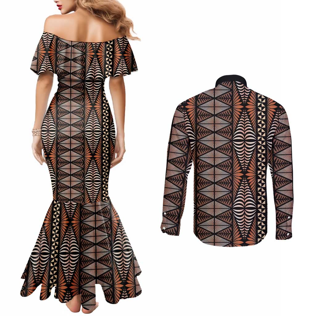 Malo e lelei Tonga Couples Matching Mermaid Dress and Long Sleeve Button Shirt Tongan Ngatu Vintage Brown LT14 - Polynesian Pride