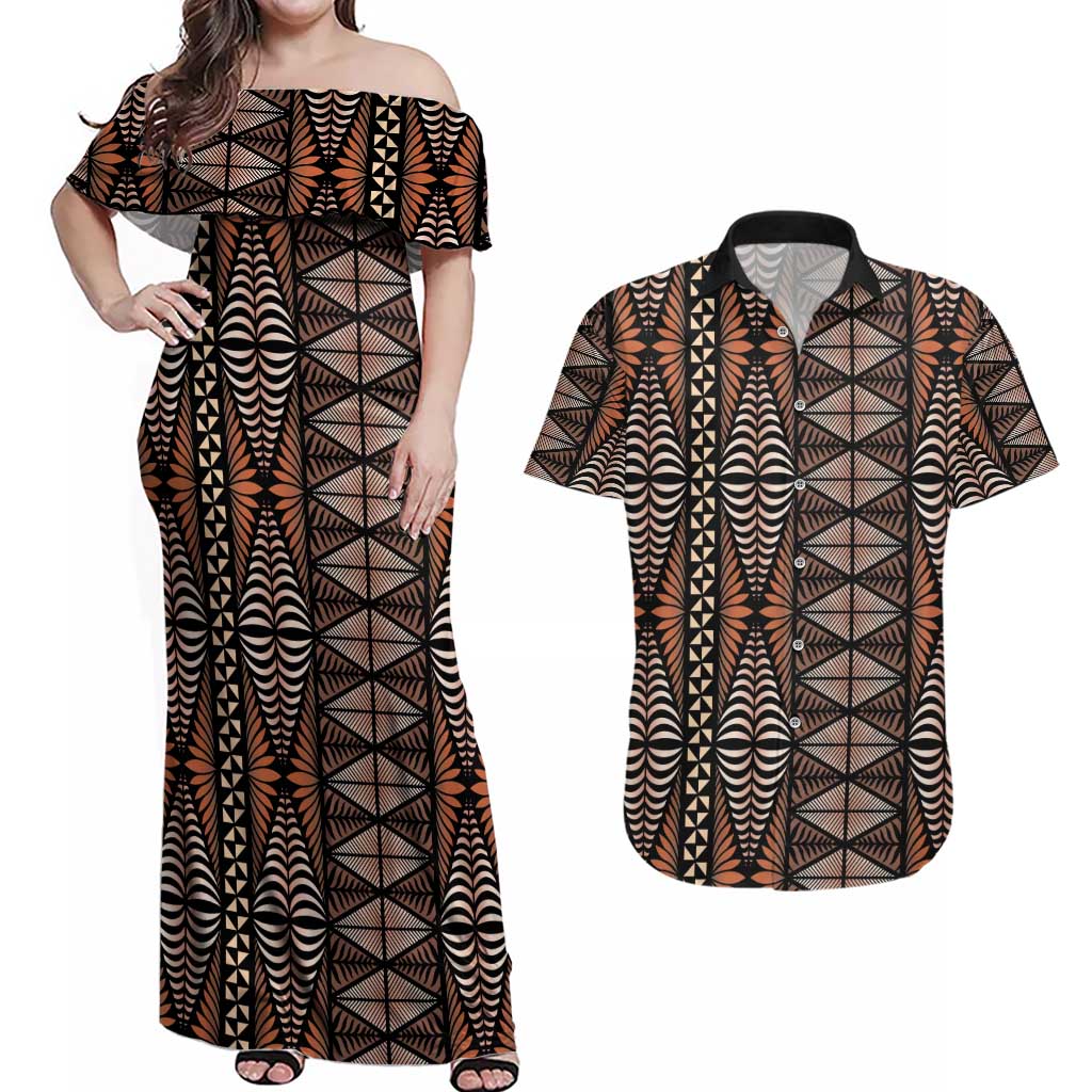 Malo e lelei Tonga Couples Matching Off Shoulder Maxi Dress and Hawaiian Shirt Tongan Ngatu Vintage Brown LT14 Brown - Polynesian Pride