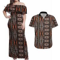 Malo e lelei Tonga Couples Matching Off Shoulder Maxi Dress and Hawaiian Shirt Tongan Ngatu Vintage Brown LT14 Brown - Polynesian Pride
