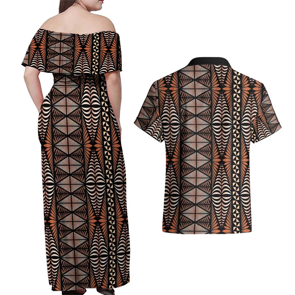 Malo e lelei Tonga Couples Matching Off Shoulder Maxi Dress and Hawaiian Shirt Tongan Ngatu Vintage Brown LT14 - Polynesian Pride