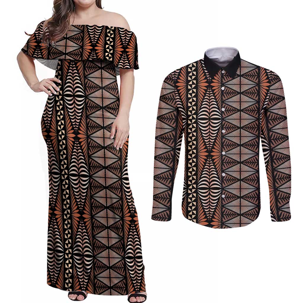 Malo e lelei Tonga Couples Matching Off Shoulder Maxi Dress and Long Sleeve Button Shirt Tongan Ngatu Vintage Brown LT14 Brown - Polynesian Pride