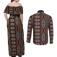Malo e lelei Tonga Couples Matching Off Shoulder Maxi Dress and Long Sleeve Button Shirt Tongan Ngatu Vintage Brown LT14 - Polynesian Pride