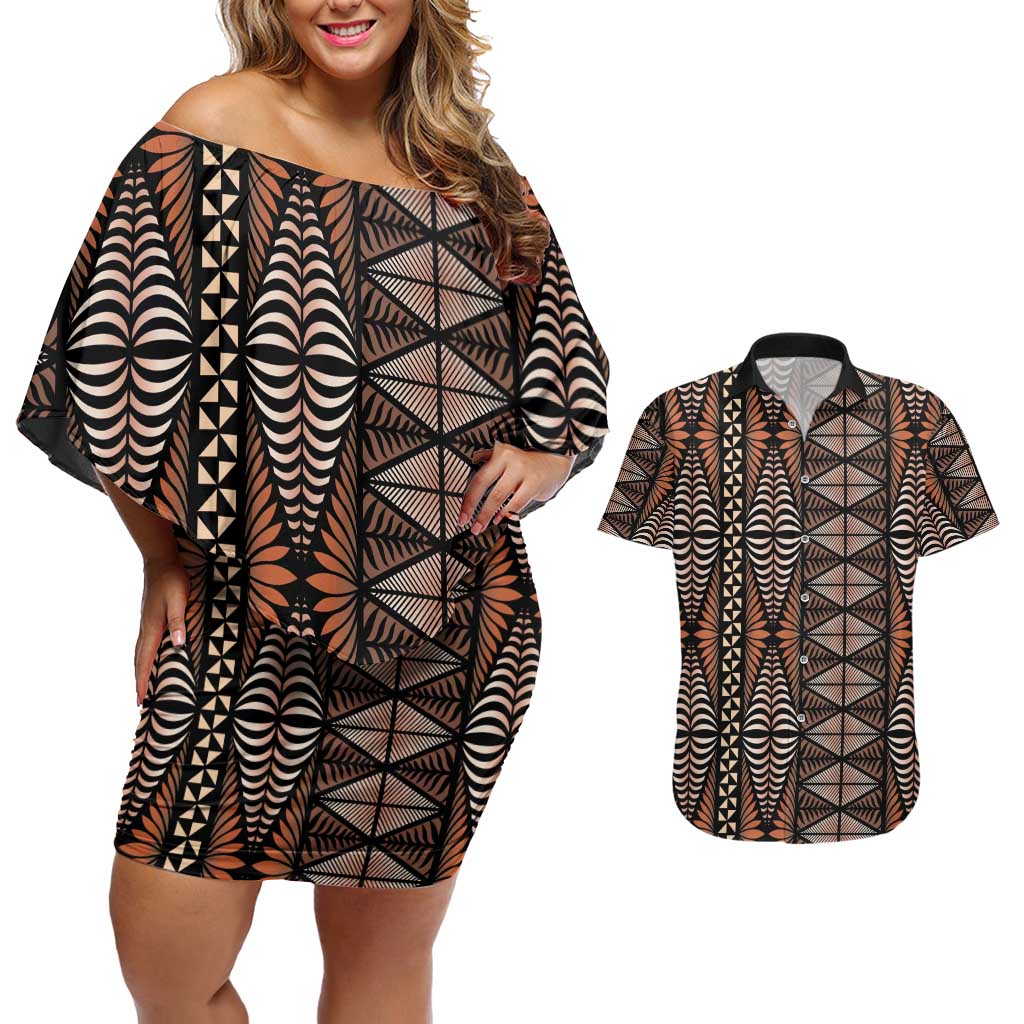 Malo e lelei Tonga Couples Matching Off Shoulder Short Dress and Hawaiian Shirt Tongan Ngatu Vintage Brown LT14 Brown - Polynesian Pride