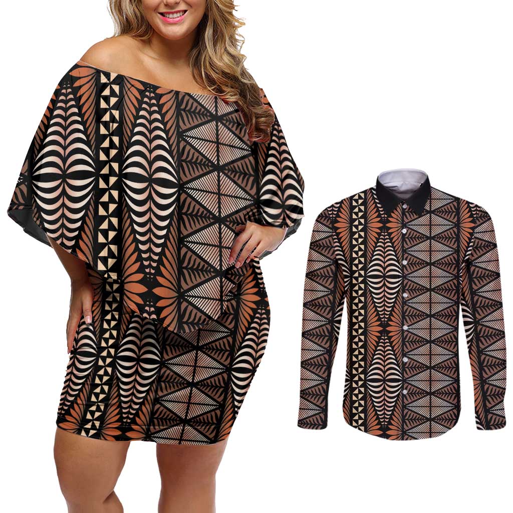 Malo e lelei Tonga Couples Matching Off Shoulder Short Dress and Long Sleeve Button Shirt Tongan Ngatu Vintage Brown LT14 Brown - Polynesian Pride