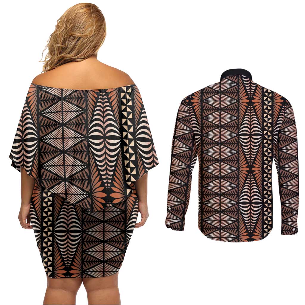 Malo e lelei Tonga Couples Matching Off Shoulder Short Dress and Long Sleeve Button Shirt Tongan Ngatu Vintage Brown LT14 - Polynesian Pride