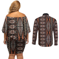 Malo e lelei Tonga Couples Matching Off Shoulder Short Dress and Long Sleeve Button Shirt Tongan Ngatu Vintage Brown LT14 - Polynesian Pride
