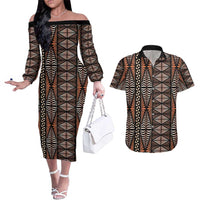 Malo e lelei Tonga Couples Matching Off The Shoulder Long Sleeve Dress and Hawaiian Shirt Tongan Ngatu Vintage Brown LT14 Brown - Polynesian Pride