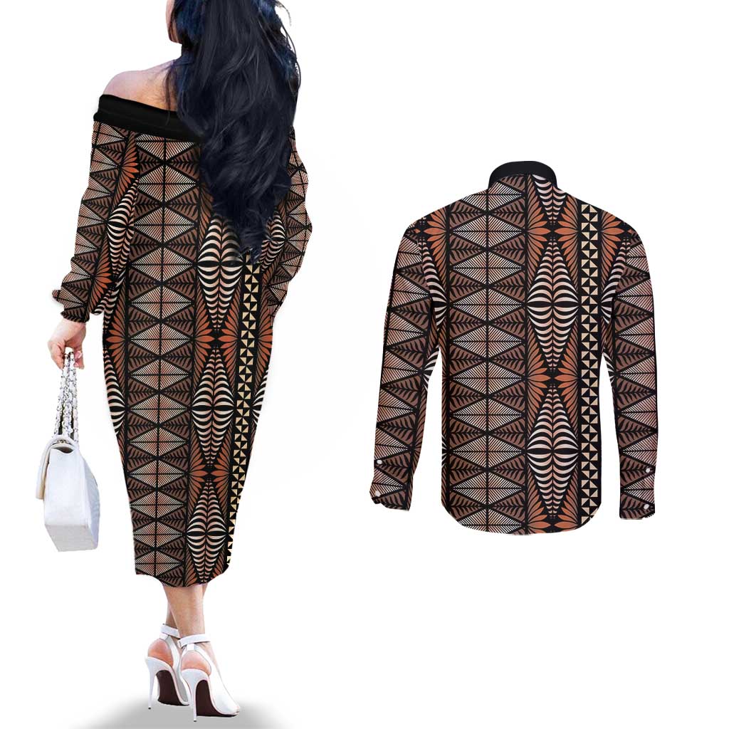 Malo e lelei Tonga Couples Matching Off The Shoulder Long Sleeve Dress and Long Sleeve Button Shirt Tongan Ngatu Vintage Brown LT14 - Polynesian Pride