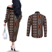 Malo e lelei Tonga Couples Matching Off The Shoulder Long Sleeve Dress and Long Sleeve Button Shirt Tongan Ngatu Vintage Brown LT14 - Polynesian Pride