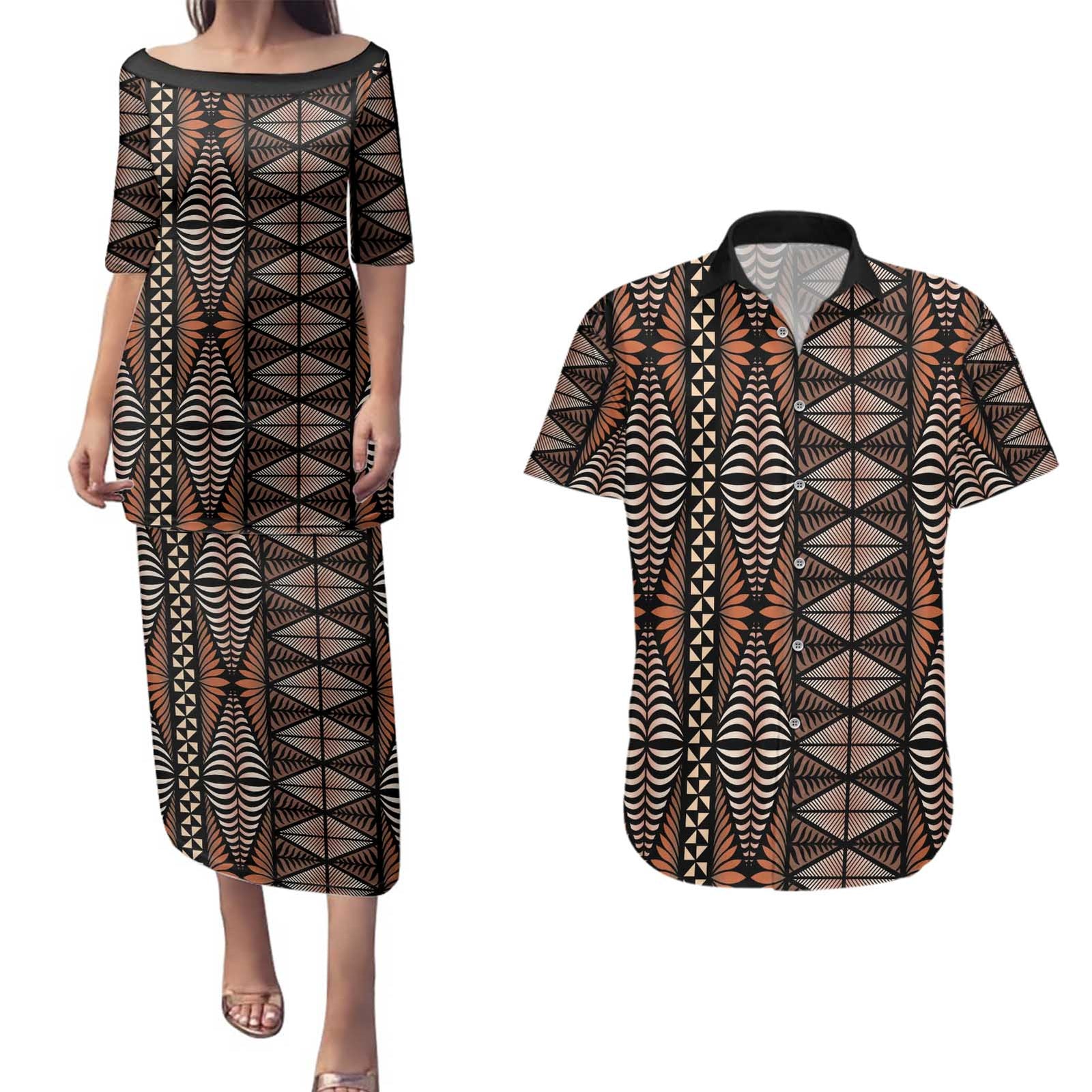 Malo e lelei Tonga Couples Matching Puletasi and Hawaiian Shirt Tongan Ngatu Vintage Brown - Polynesian Pride