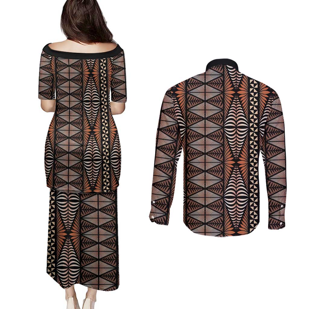 Malo e lelei Tonga Couples Matching Puletasi and Long Sleeve Button Shirt Tongan Ngatu Vintage Brown - Polynesian Pride
