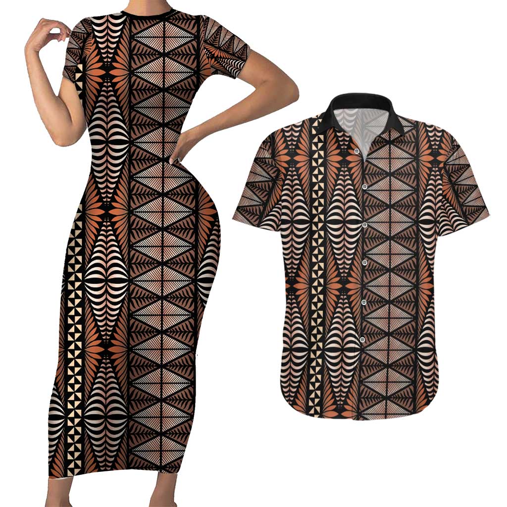 Malo e lelei Tonga Couples Matching Short Sleeve Bodycon Dress and Hawaiian Shirt Tongan Ngatu Vintage Brown LT14 Brown - Polynesian Pride