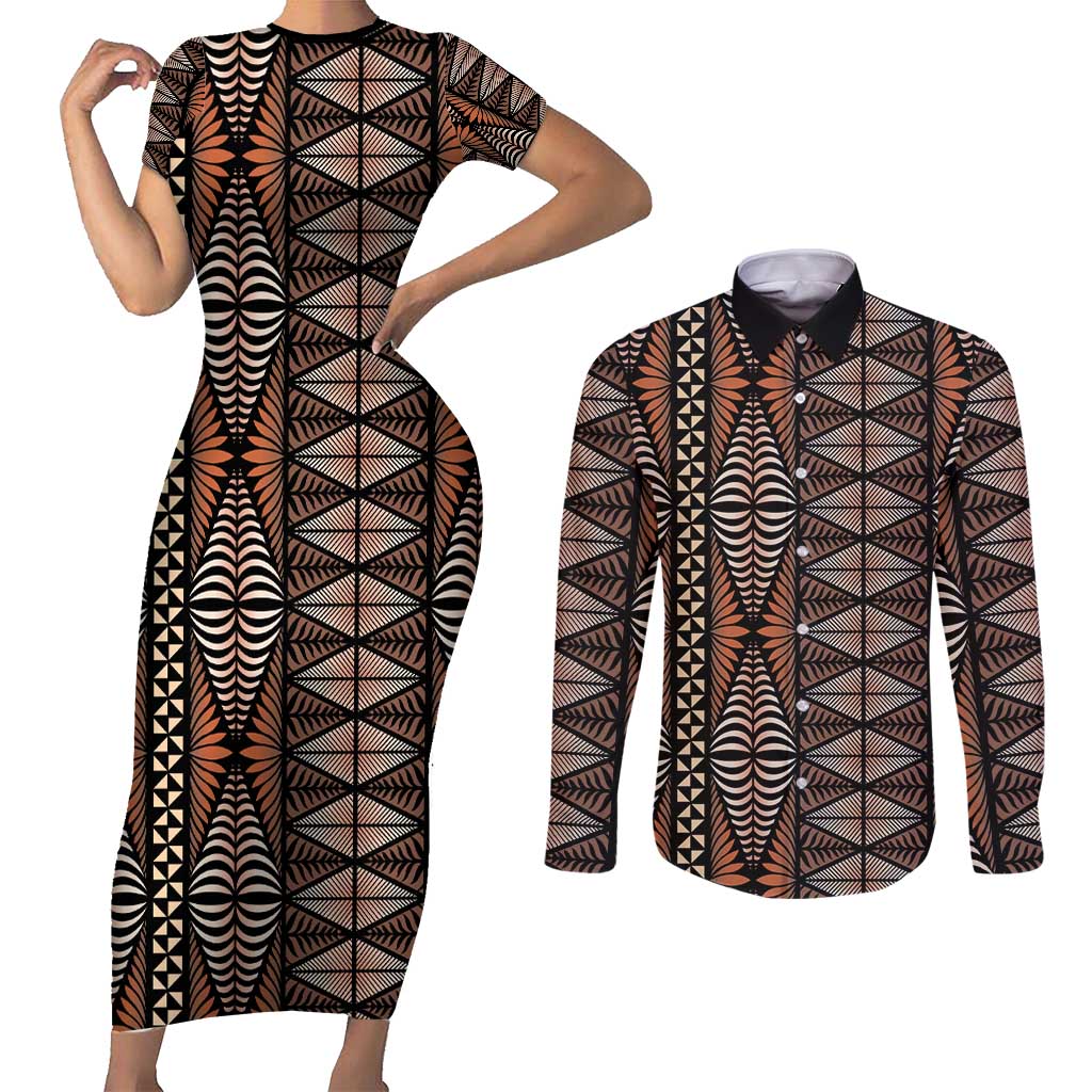 Malo e lelei Tonga Couples Matching Short Sleeve Bodycon Dress and Long Sleeve Button Shirt Tongan Ngatu Vintage Brown LT14 Brown - Polynesian Pride