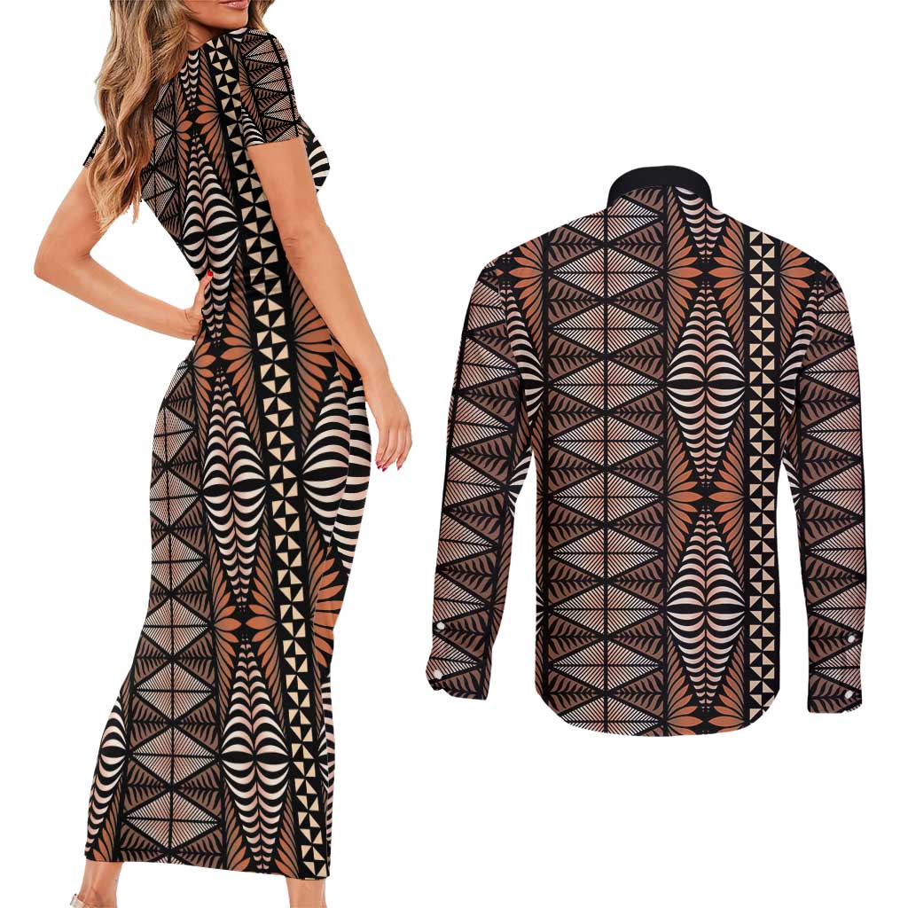Malo e lelei Tonga Couples Matching Short Sleeve Bodycon Dress and Long Sleeve Button Shirt Tongan Ngatu Vintage Brown LT14 - Polynesian Pride