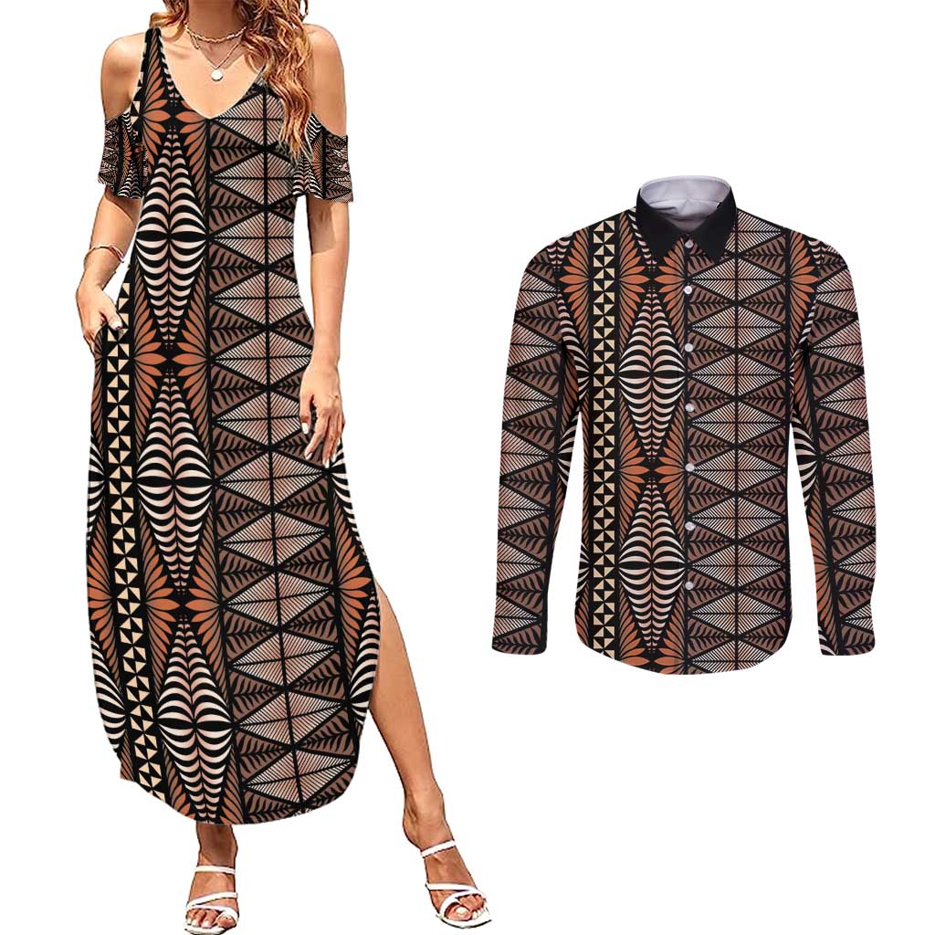 Malo e lelei Tonga Couples Matching Summer Maxi Dress and Long Sleeve Button Shirt Tongan Ngatu Vintage Brown LT14 Brown - Polynesian Pride