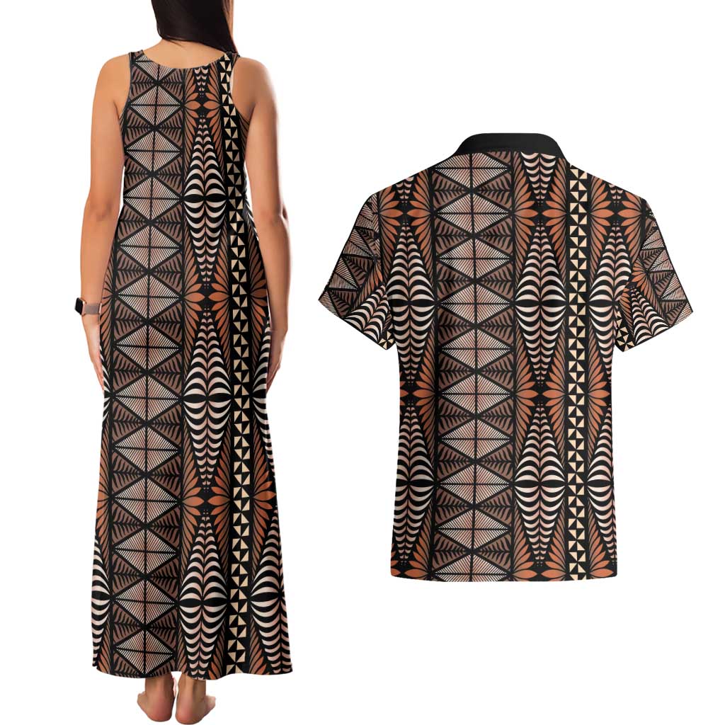 Malo e lelei Tonga Couples Matching Tank Maxi Dress and Hawaiian Shirt Tongan Ngatu Vintage Brown LT14 - Polynesian Pride