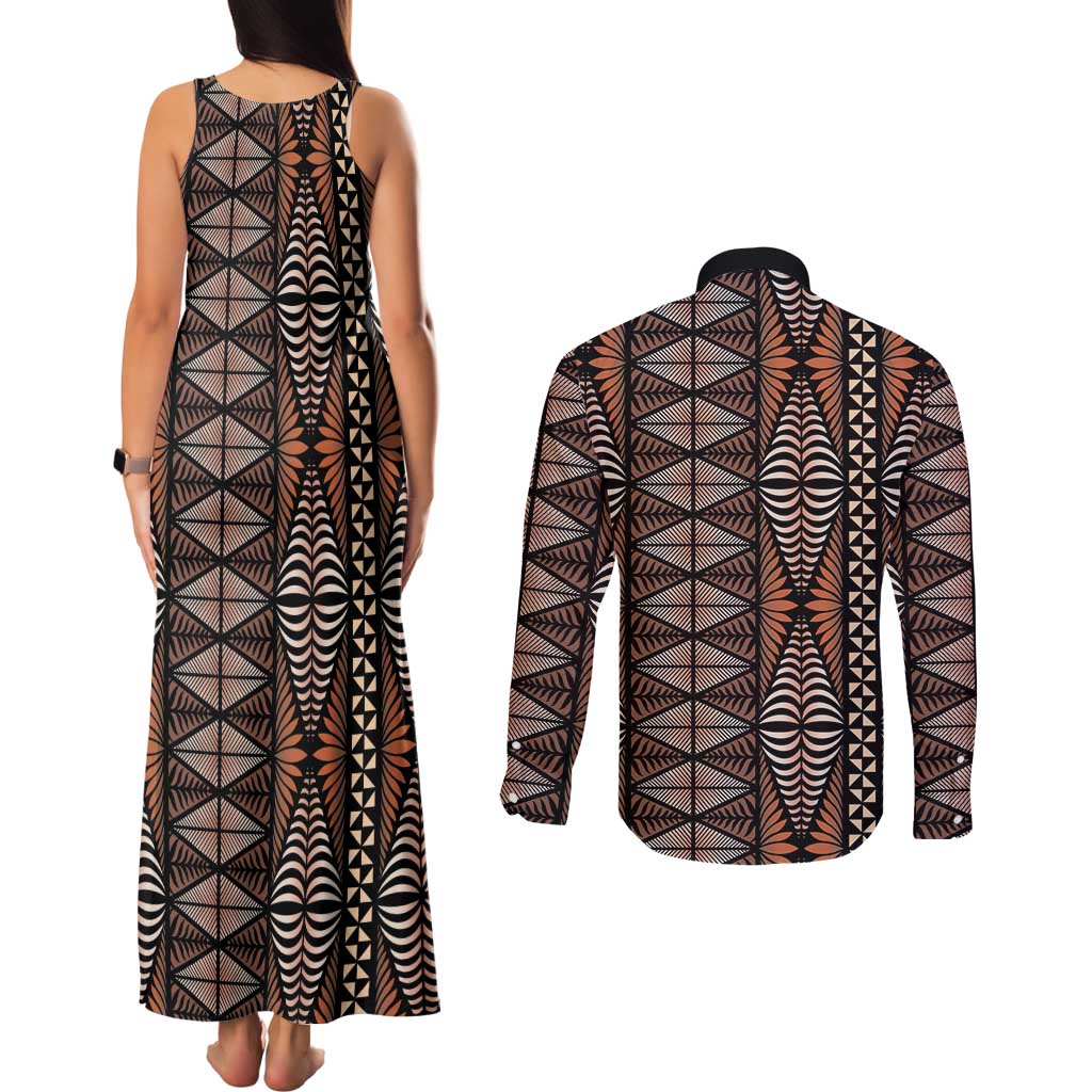 Malo e lelei Tonga Couples Matching Tank Maxi Dress and Long Sleeve Button Shirt Tongan Ngatu Vintage Brown LT14 - Polynesian Pride