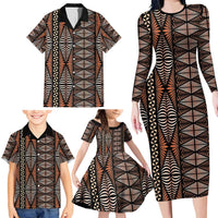 Malo e lelei Tonga Family Matching Long Sleeve Bodycon Dress and Hawaiian Shirt Tongan Ngatu Vintage Brown LT14 - Polynesian Pride