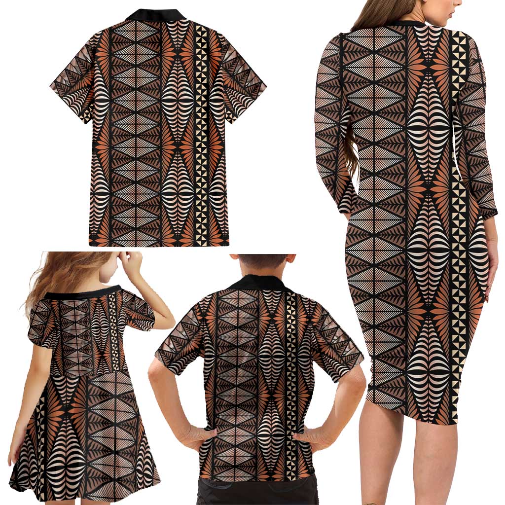 Malo e lelei Tonga Family Matching Long Sleeve Bodycon Dress and Hawaiian Shirt Tongan Ngatu Vintage Brown LT14 - Polynesian Pride