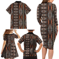 Malo e lelei Tonga Family Matching Long Sleeve Bodycon Dress and Hawaiian Shirt Tongan Ngatu Vintage Brown LT14 - Polynesian Pride