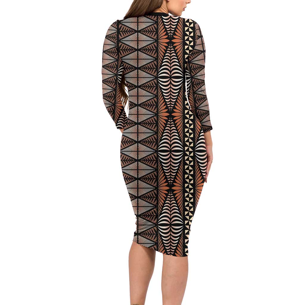 Malo e lelei Tonga Family Matching Long Sleeve Bodycon Dress and Hawaiian Shirt Tongan Ngatu Vintage Brown LT14 - Polynesian Pride