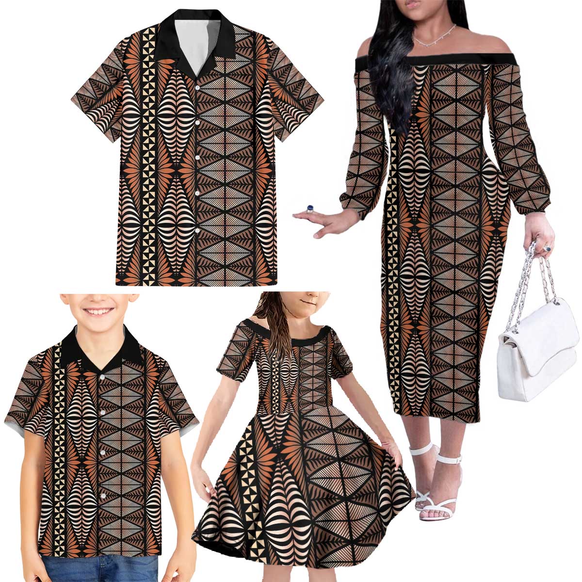 Malo e lelei Tonga Family Matching Off The Shoulder Long Sleeve Dress and Hawaiian Shirt Tongan Ngatu Vintage Brown LT14 - Polynesian Pride