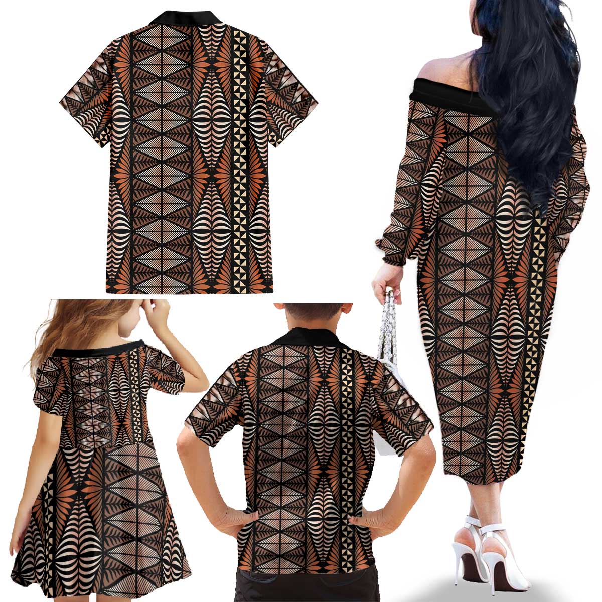 Malo e lelei Tonga Family Matching Off The Shoulder Long Sleeve Dress and Hawaiian Shirt Tongan Ngatu Vintage Brown LT14 - Polynesian Pride