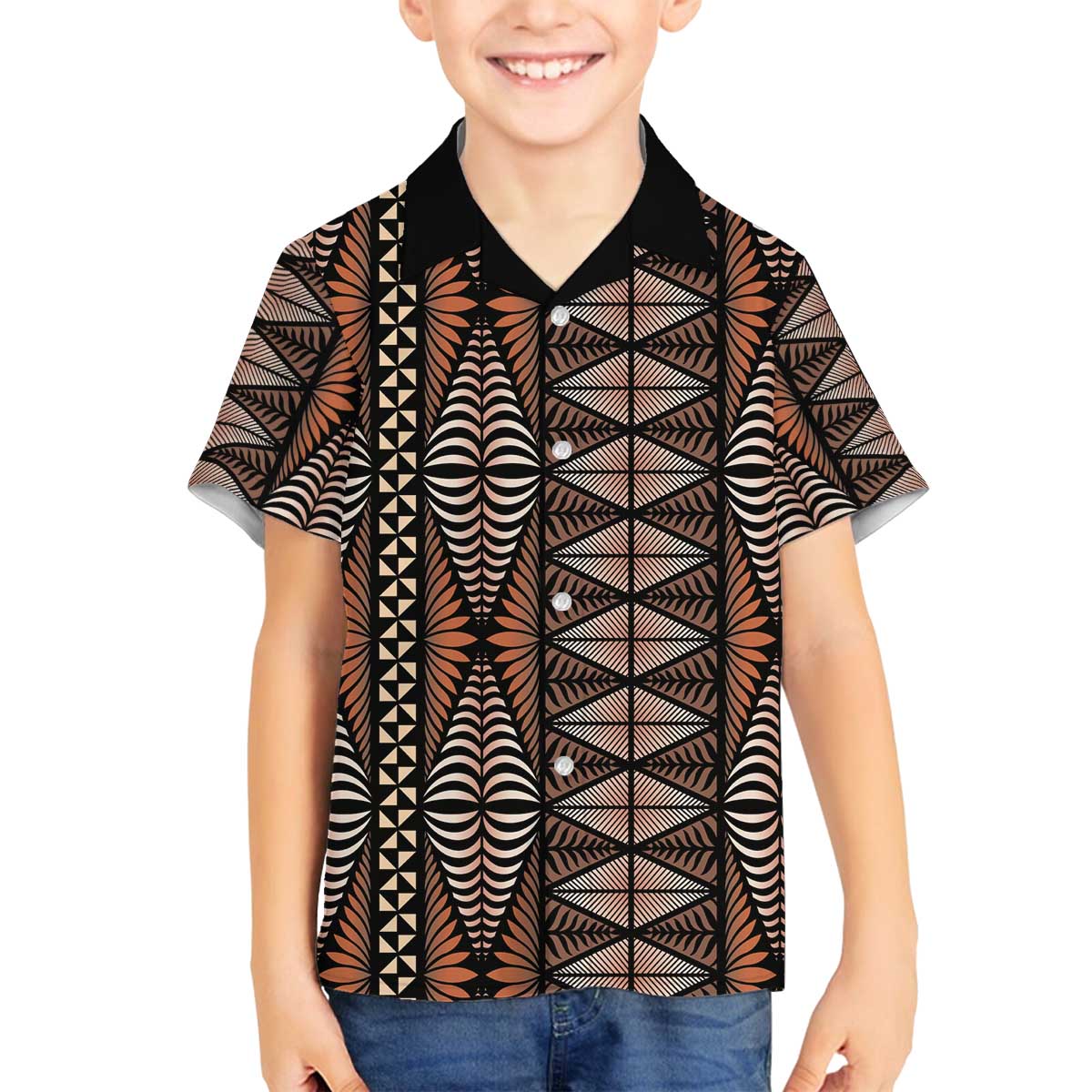 Malo e lelei Tonga Family Matching Off The Shoulder Long Sleeve Dress and Hawaiian Shirt Tongan Ngatu Vintage Brown LT14 Son's Shirt Brown - Polynesian Pride
